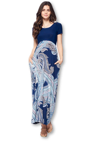 Short Sleeve Loose Plain Long Maternity Dress with Pockets