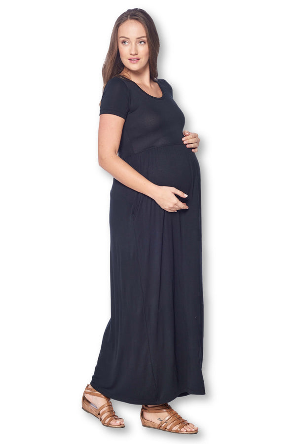 Short Sleeve Loose Plain Long Maternity Dress with Pockets