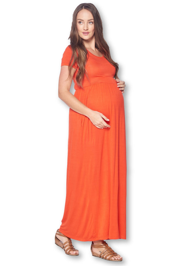 Short Sleeve Loose Plain Long Maternity Dress with Pockets
