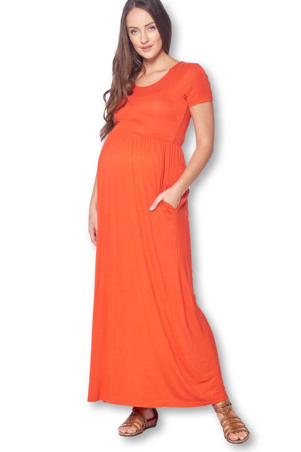 Short Sleeve Loose Plain Long Maternity Dress with Pockets