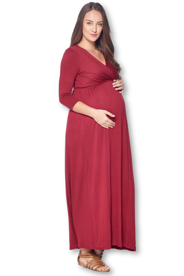 3/4 Sleeve Wrapped Ruched Maternity Dress