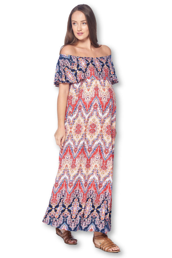 Open Shoulder Maxi Maternity Dress with Ruffles