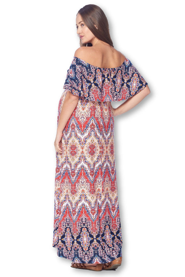 Open Shoulder Maxi Maternity Dress with Ruffles