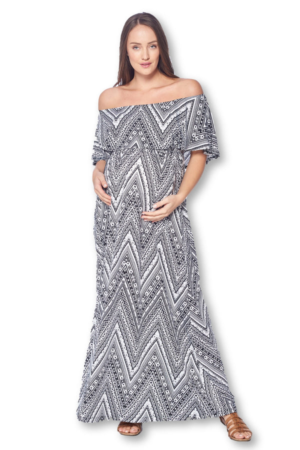 Open Shoulder Maxi Maternity Dress with Ruffles
