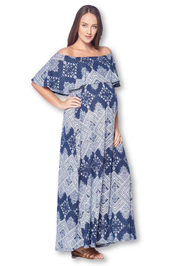 Open Shoulder Maxi Maternity Dress with Ruffles