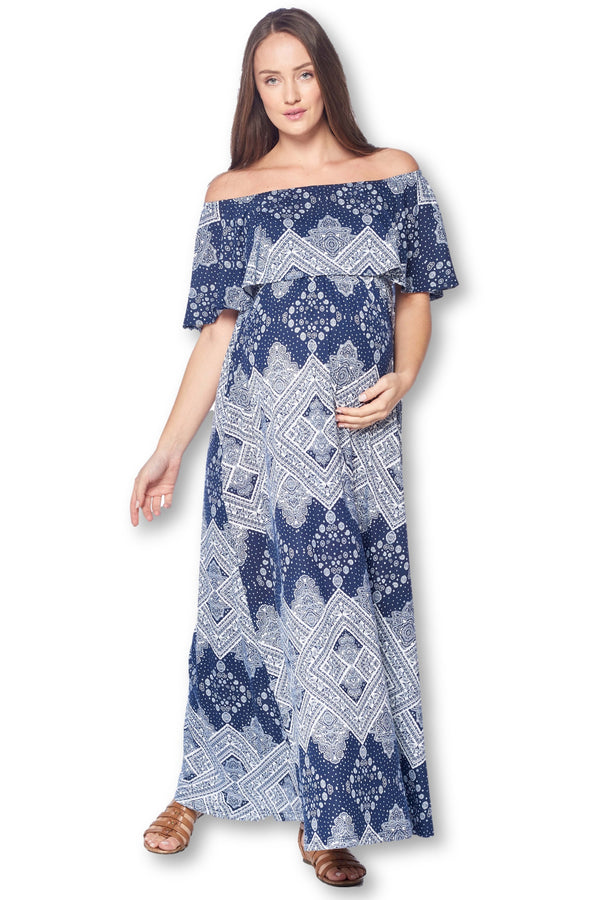 Open Shoulder Maxi Maternity Dress with Ruffles