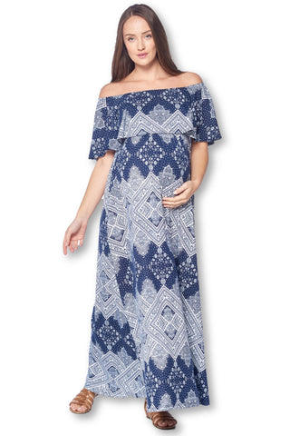 Open Shoulder Maxi Maternity Dress with Ruffles