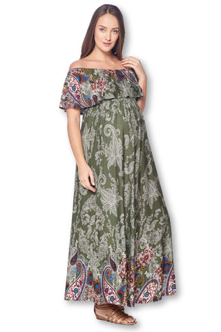 Open Shoulder Maxi Maternity Dress with Ruffles
