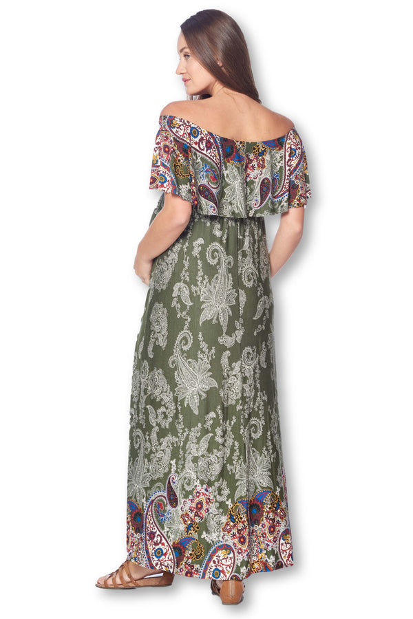 Open Shoulder Maxi Maternity Dress with Ruffles