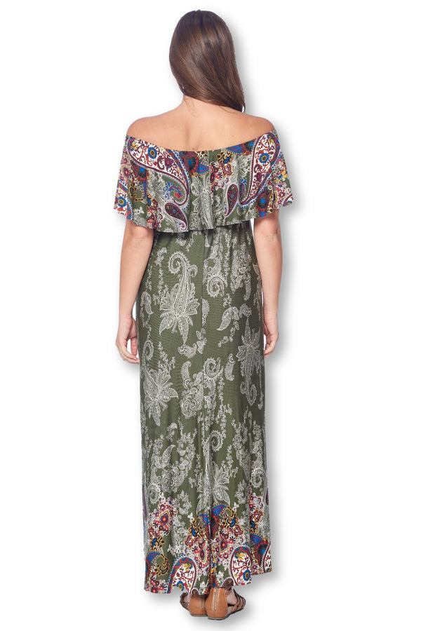 Open Shoulder Maxi Maternity Dress with Ruffles