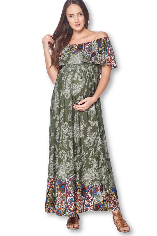 Open Shoulder Maxi Maternity Dress with Ruffles