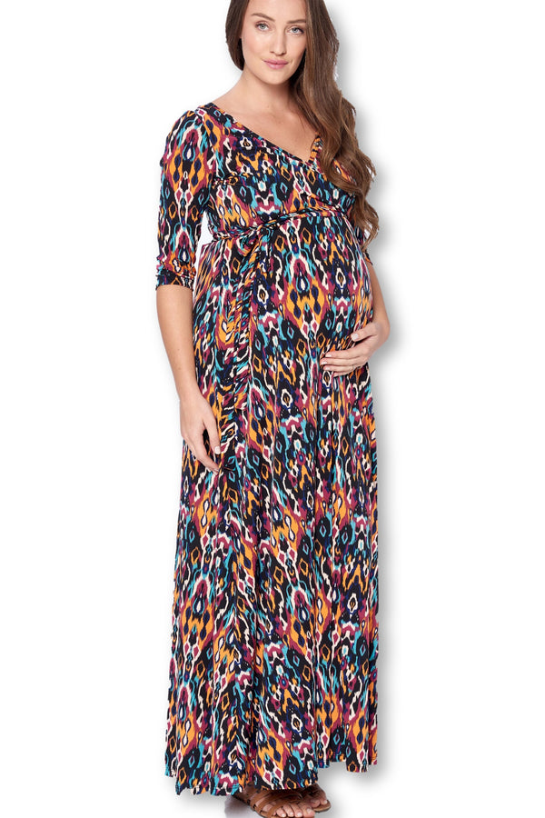 3/4 Sleeve Wrapped Ruched Maternity Dress