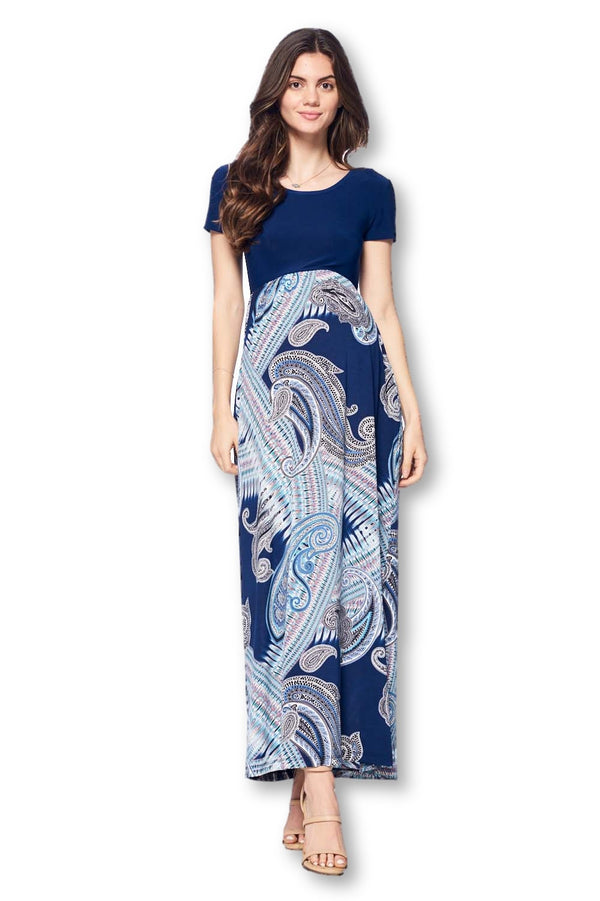 Short Sleeve Loose Plain Long Maternity Dress with Pockets