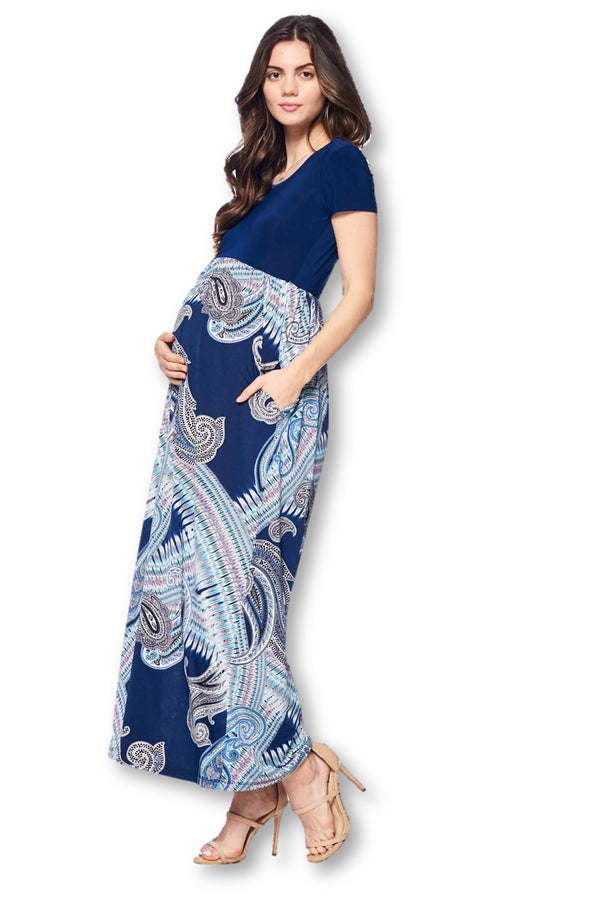Short Sleeve Loose Plain Long Maternity Dress with Pockets