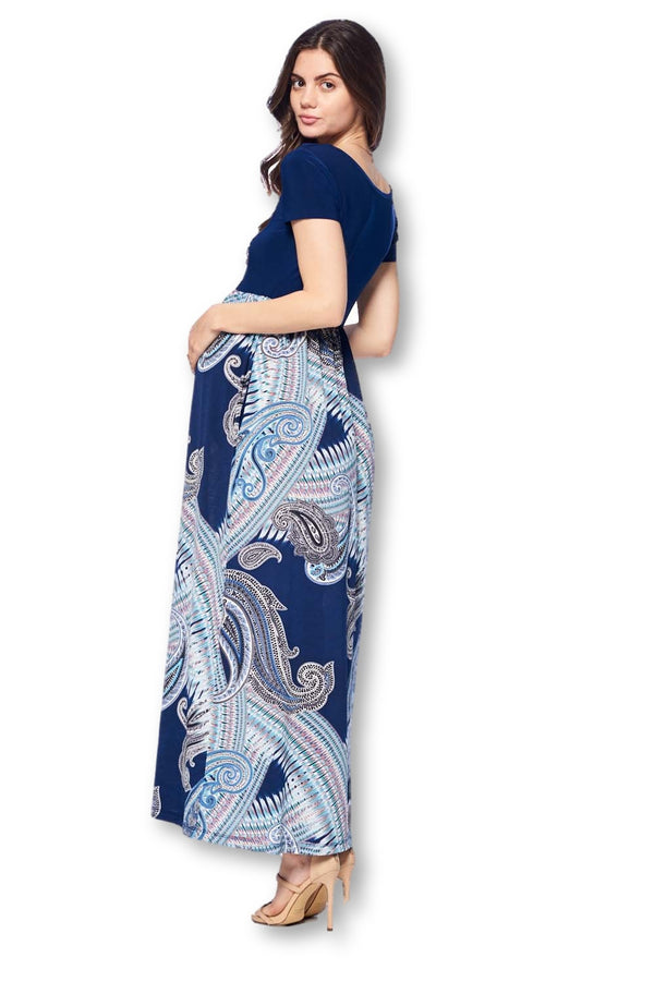 Short Sleeve Loose Plain Long Maternity Dress with Pockets
