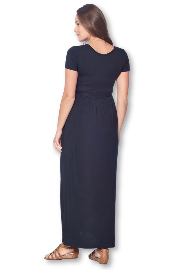 Short Sleeve Loose Plain Long Maternity Dress with Pockets