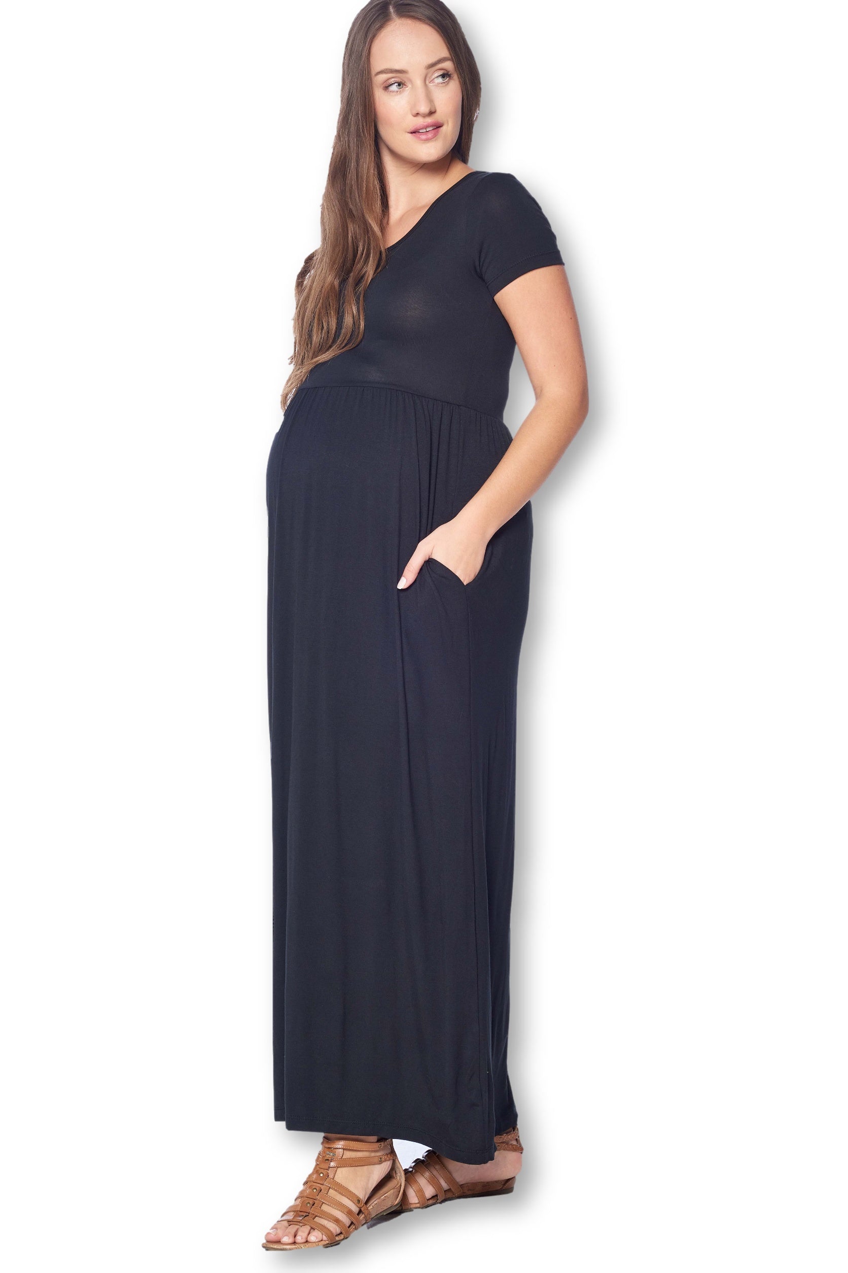 Short Sleeve Loose Plain Long Maternity Dress with Pockets | starmotherhood Short Sleeve Loose Plain Long Maternity Dress with Pockets | starmotherhood