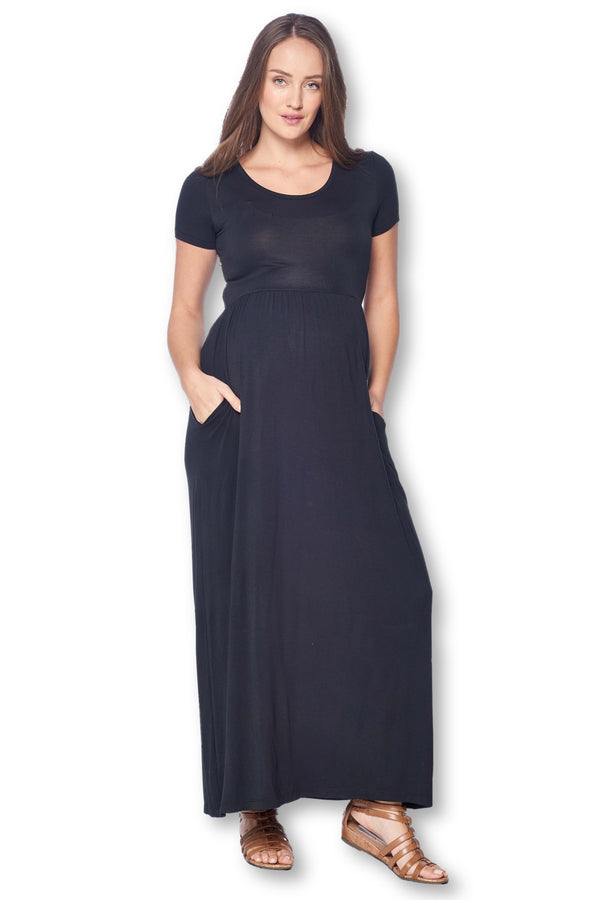 Short Sleeve Loose Plain Long Maternity Dress with Pockets