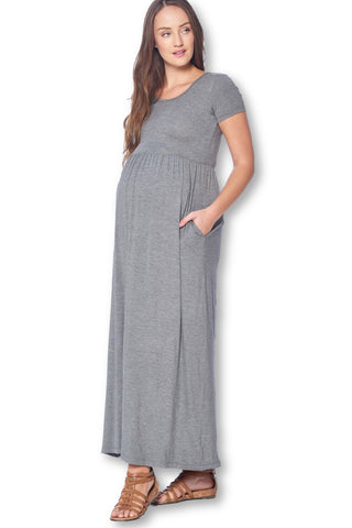 Short Sleeve Loose Plain Long Maternity Dress with Pockets