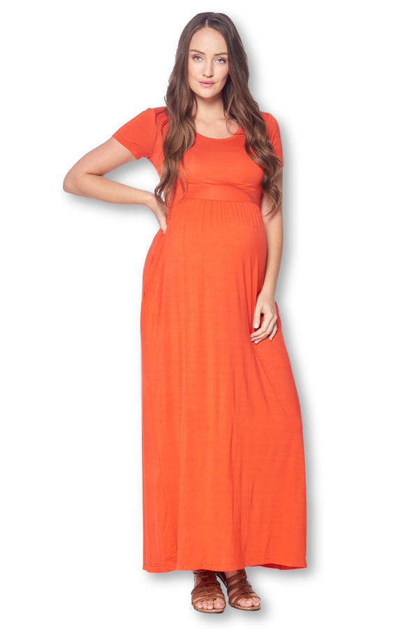 Short Sleeve Loose Plain Long Maternity Dress with Pockets