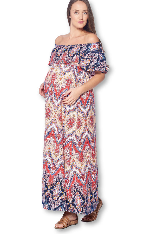 Open Shoulder Maxi Maternity Dress with Ruffles