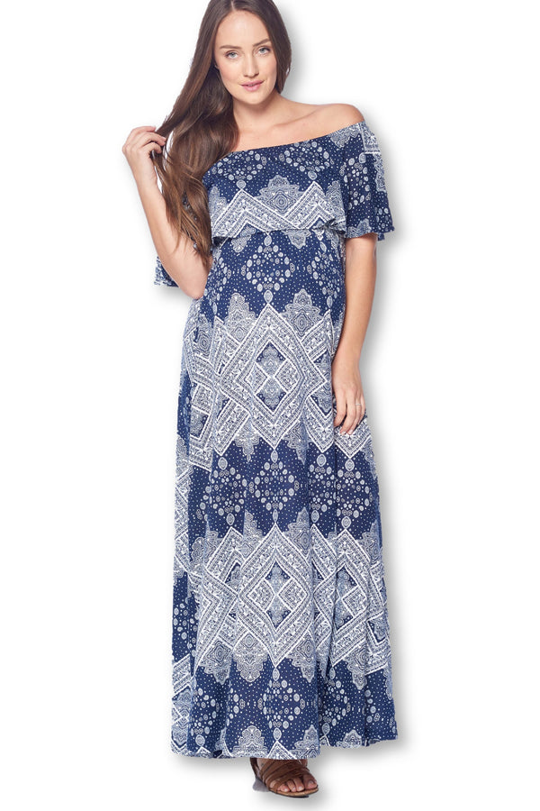 Open Shoulder Maxi Maternity Dress with Ruffles