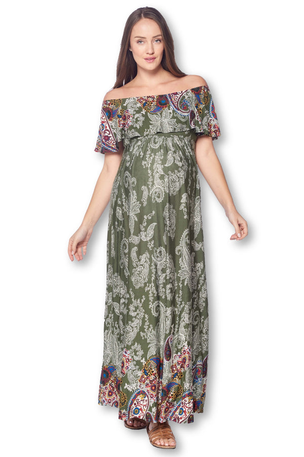 Open Shoulder Maxi Maternity Dress with Ruffles